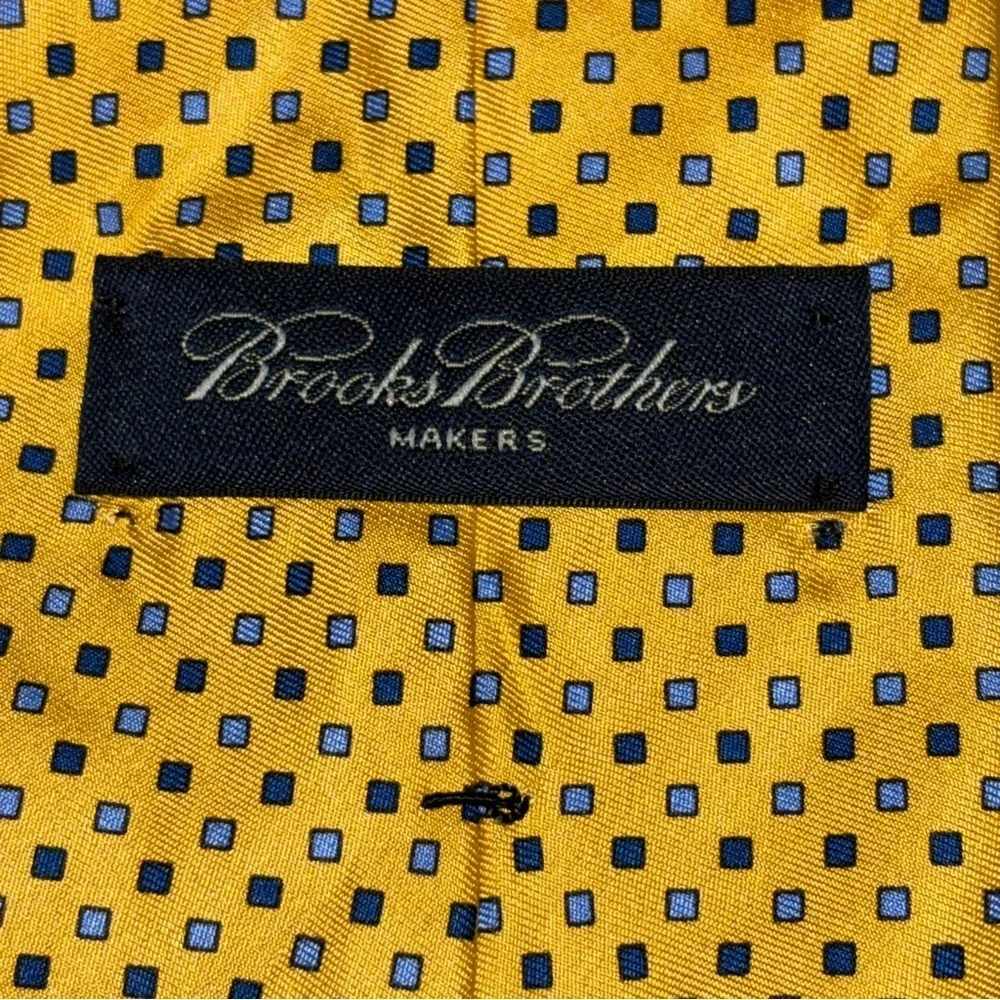 Vintage Brooks Brothers Makers Yellow Silk Tie with Blue Geometric Square
